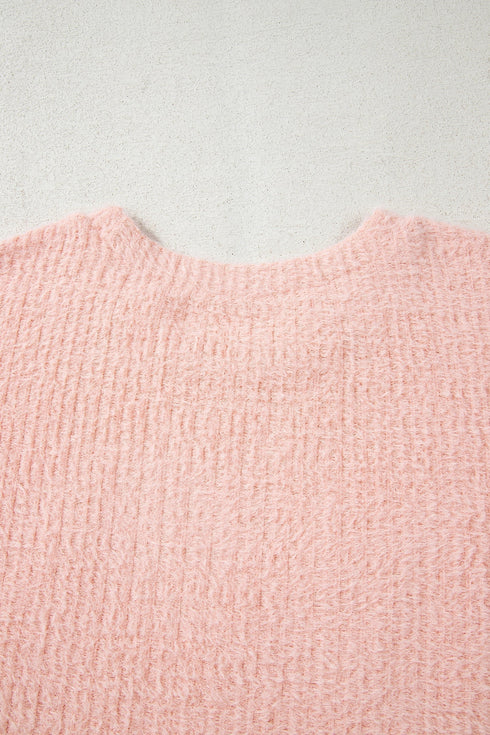 Fuzzy Textured Ribbed Round Neck Long Sleeve Top