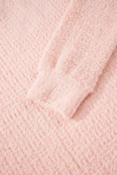 Fuzzy Textured Ribbed Round Neck Long Sleeve Top