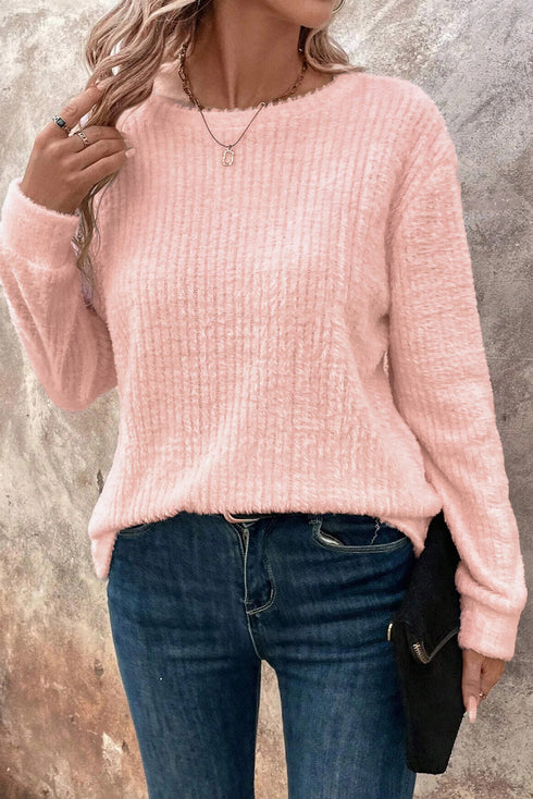 Fuzzy Textured Ribbed Round Neck Long Sleeve Top