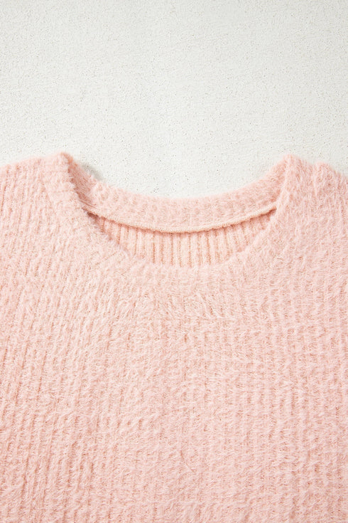 Fuzzy Textured Ribbed Round Neck Long Sleeve Top