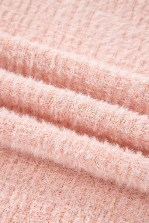 Fuzzy Textured Ribbed Round Neck Long Sleeve Top