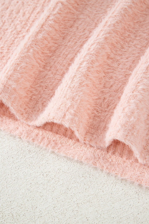 Fuzzy Textured Ribbed Round Neck Long Sleeve Top