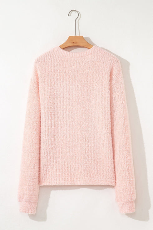 Fuzzy Textured Ribbed Round Neck Long Sleeve Top