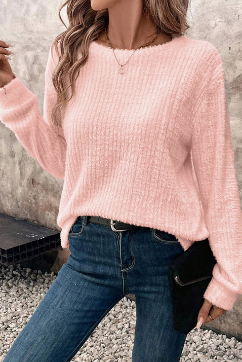Fuzzy Textured Ribbed Round Neck Long Sleeve Top