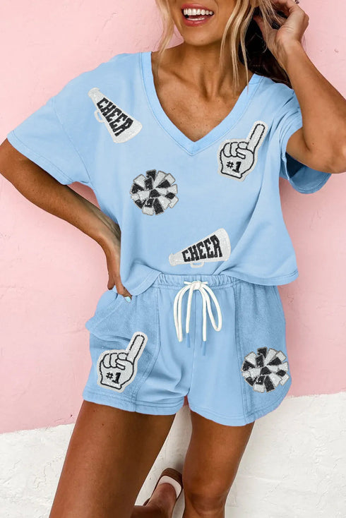 Game Day Cheer Sequin Patch V Neck Top And Shorts Set