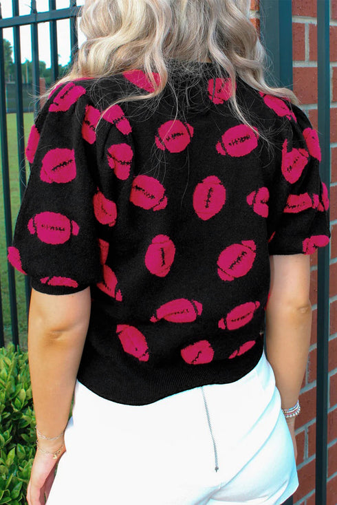 Game Day Football Jacquard Puff Sleeve Short Sleeve Sweater