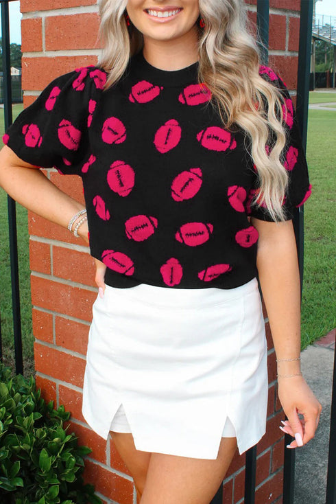 Game Day Football Jacquard Puff Sleeve Short Sleeve Sweater