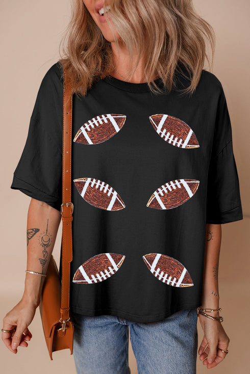 Game Day Glam Sequin Beaded Football Patch Oversized Tee