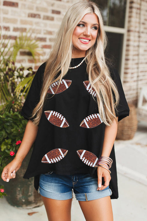 Game Day Glam Sequin Beaded Football Patch Oversized Tee