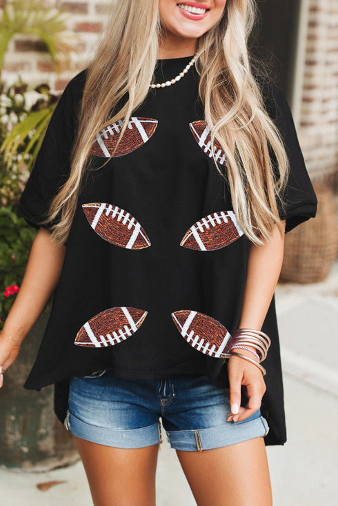 Game Day Glam Sequin Beaded Football Patch Oversized Tee