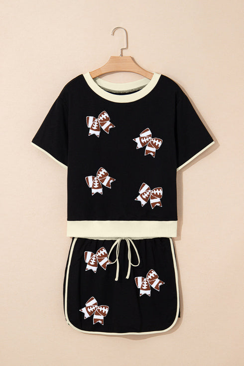 Game Day Glam Sequin Football Bow Patch Contrast Trim Shorts Set