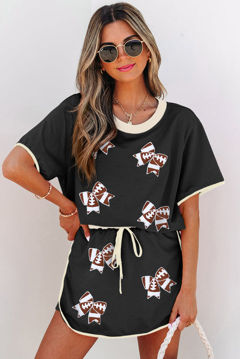 Game Day Glam Sequin Football Bow Patch Contrast Trim Shorts Set