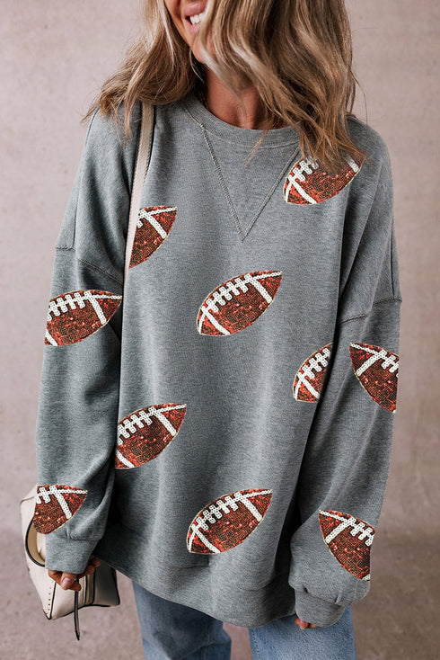 Game Day Glam Sequin Rugby Pattern Drop Shoulder Pullover Sweatshirt