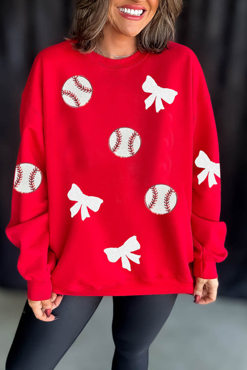 Game Day Sequin Baseball Bow Patch All Over Print Sweatshirt