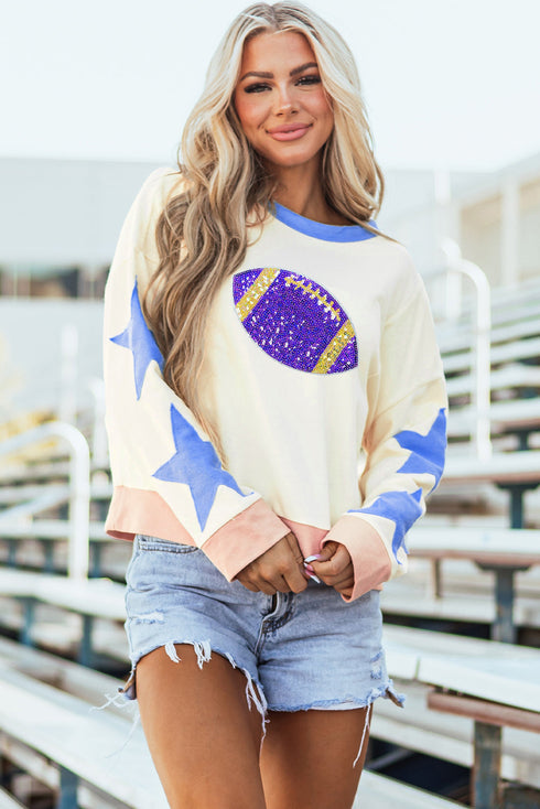 Game Day Sequin Football Graphic Star Patch Colorblock Sweatshirt