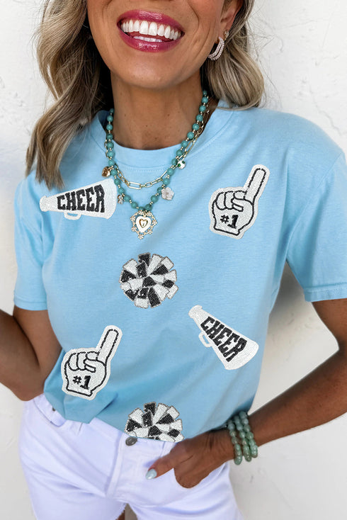 Game Day Spirit Sequin Embellished Cheer Patch Graphic Tee