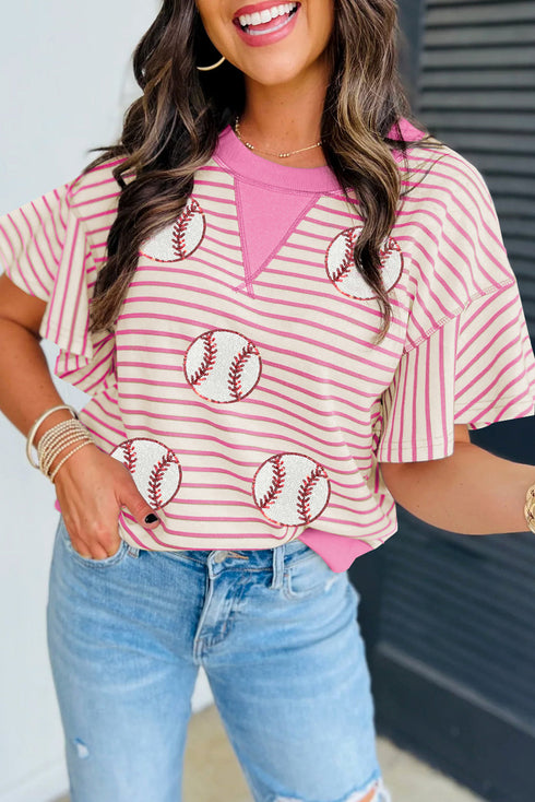 Gameday Sequin Baseball Graphic Ruffle Sleeve Striped Knit Top