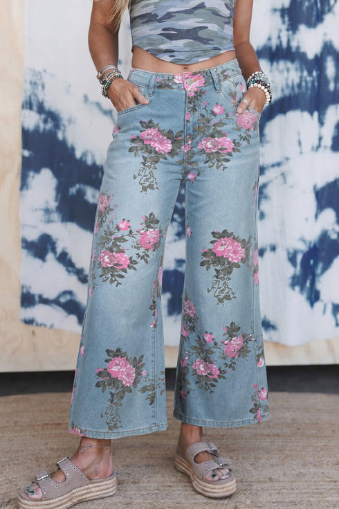 Garden Floral All Over Print Denim Bootcut Jeans