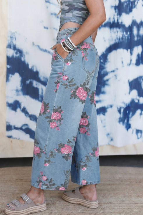 Garden Floral All Over Print Denim Bootcut Jeans