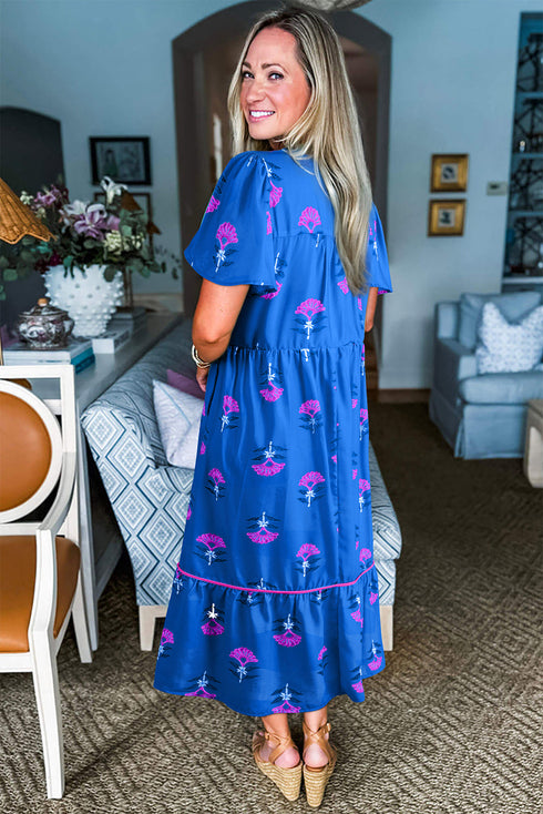 Garden Floral Print Notched Neck Butterfly Sleeve Tiered Maxi Dress