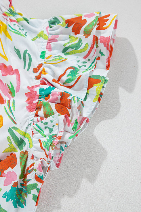 Garden Party Floral Print Flutter Sleeve Split Neck Cotton Blouse