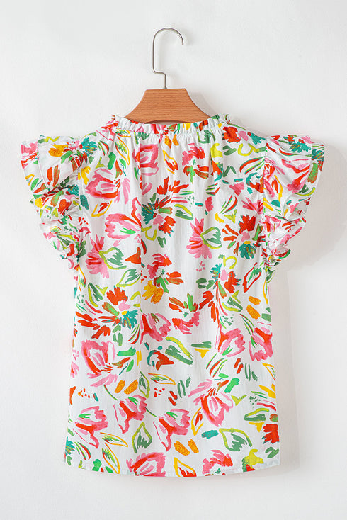 Garden Party Floral Print Flutter Sleeve Split Neck Cotton Blouse