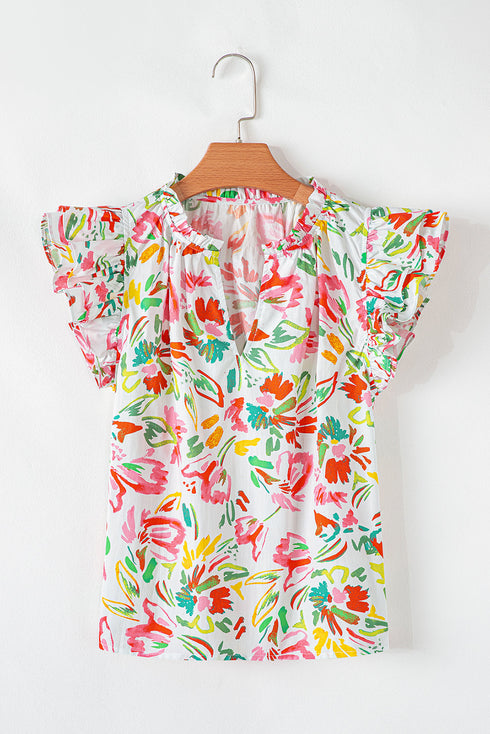 Garden Party Floral Print Flutter Sleeve Split Neck Cotton Blouse