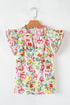 Garden Party Floral Print Flutter Sleeve Split Neck Cotton Blouse