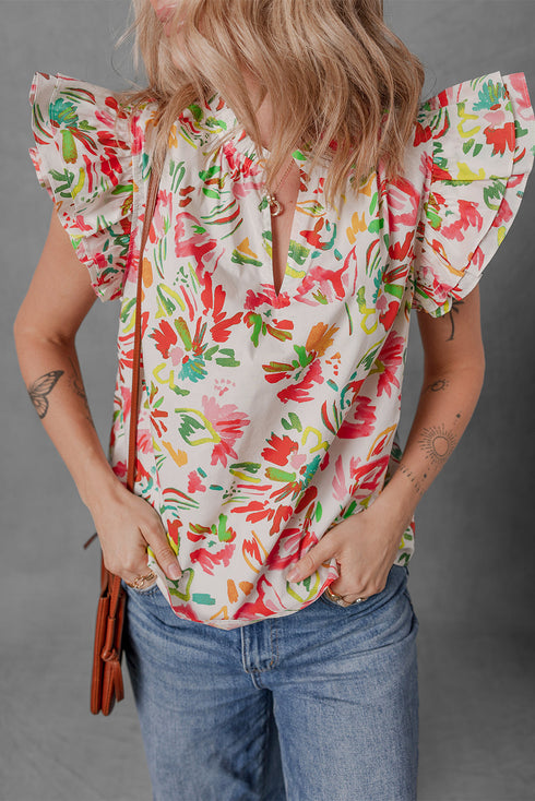 Garden Party Floral Print Flutter Sleeve Split Neck Cotton Blouse
