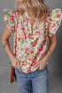 Garden Party Floral Print Flutter Sleeve Split Neck Cotton Blouse