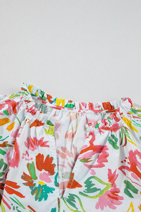 Garden Party Floral Print Flutter Sleeve Split Neck Cotton Blouse