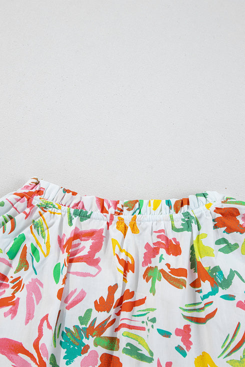 Garden Party Floral Print Flutter Sleeve Split Neck Cotton Blouse