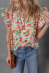 Garden Party Floral Print Flutter Sleeve Split Neck Cotton Blouse