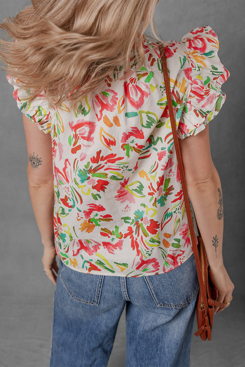 Garden Party Floral Print Flutter Sleeve Split Neck Cotton Blouse