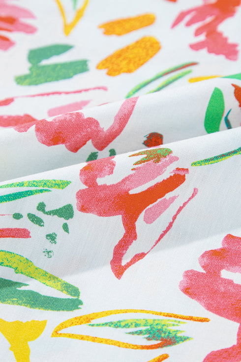 Garden Party Floral Print Flutter Sleeve Split Neck Cotton Blouse