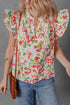Garden Party Floral Print Flutter Sleeve Split Neck Cotton Blouse