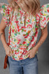Garden Party Floral Print Flutter Sleeve Split Neck Cotton Blouse