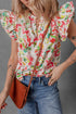 Garden Party Floral Print Flutter Sleeve Split Neck Cotton Blouse