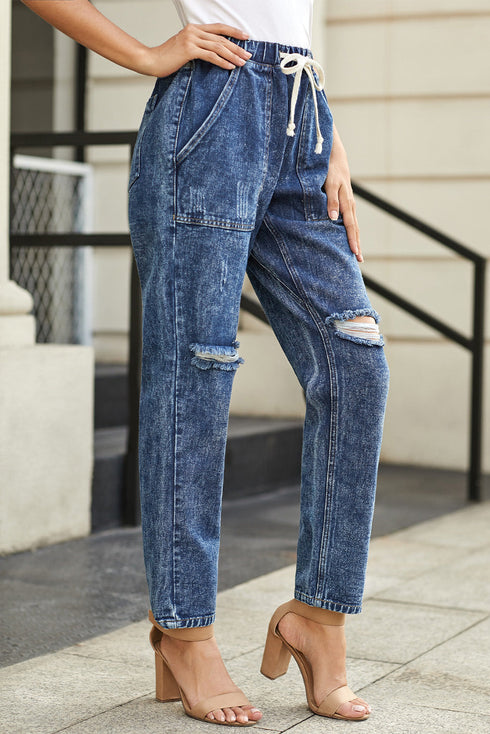 Gather Round Distressed Pocketed Denim Jogger