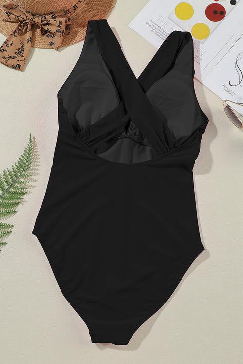Gathered Bust Plunging Neckline Solid One Piece Swimsuit