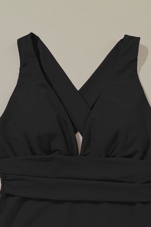 Gathered Bust Plunging Neckline Solid One Piece Swimsuit