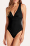 Gathered Bust Plunging Neckline Solid One Piece Swimsuit