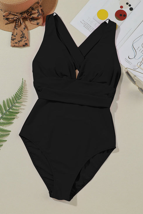 Gathered Bust Plunging Neckline Solid One Piece Swimsuit