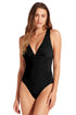 Gathered Bust Plunging Neckline Solid One Piece Swimsuit