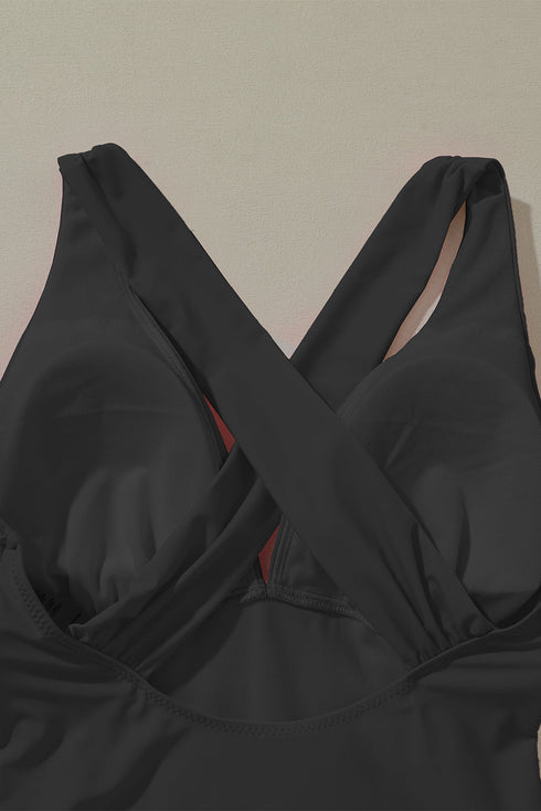 Gathered Bust Plunging Neckline Solid One Piece Swimsuit