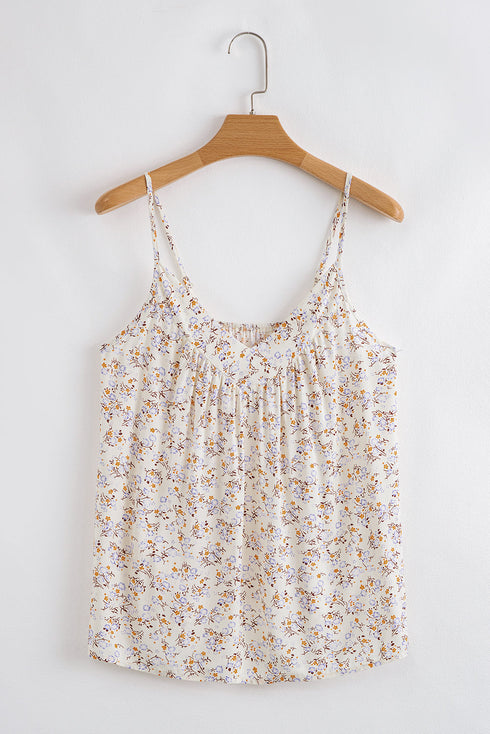 Gathered V Neck Floral Print Sleeveless Tank Top