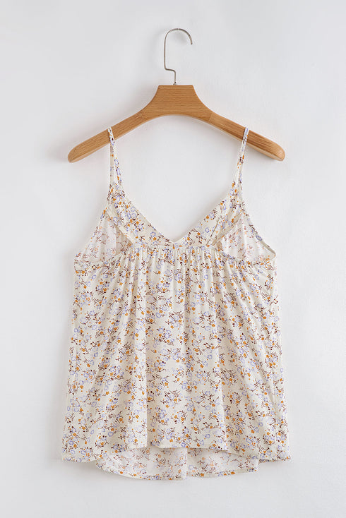 Gathered V Neck Floral Print Sleeveless Tank Top