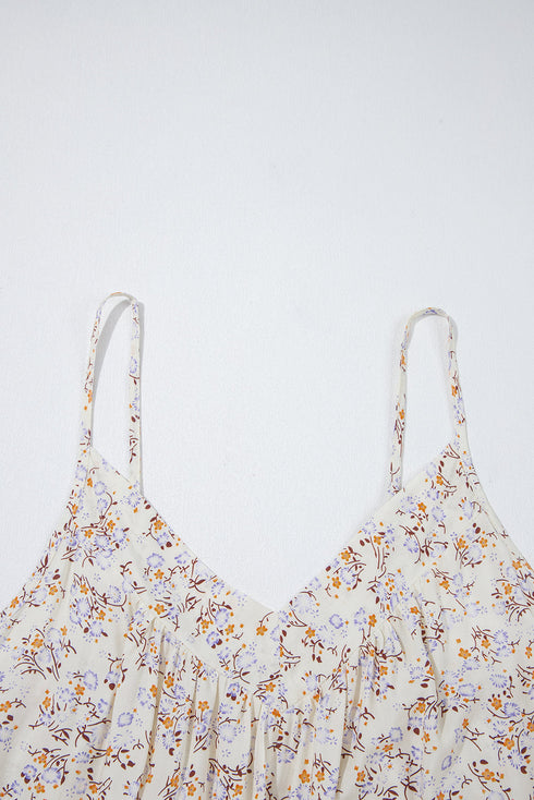 Gathered V Neck Floral Print Sleeveless Tank Top