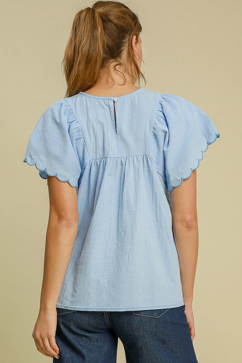 Gathered Yoke Scalloped Sleeve Textured Cotton Top