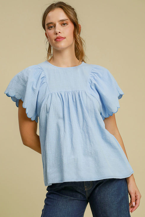 Gathered Yoke Scalloped Sleeve Textured Cotton Top